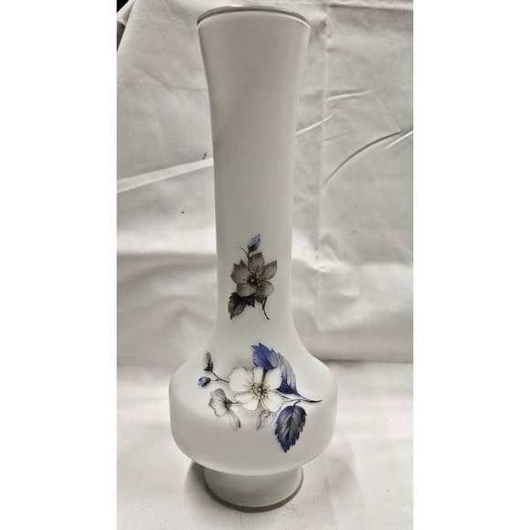 VTG Norleans Footed White Satin Frosted Glass Vase Hand Painted Floral Pattern - Picture 1 of 9